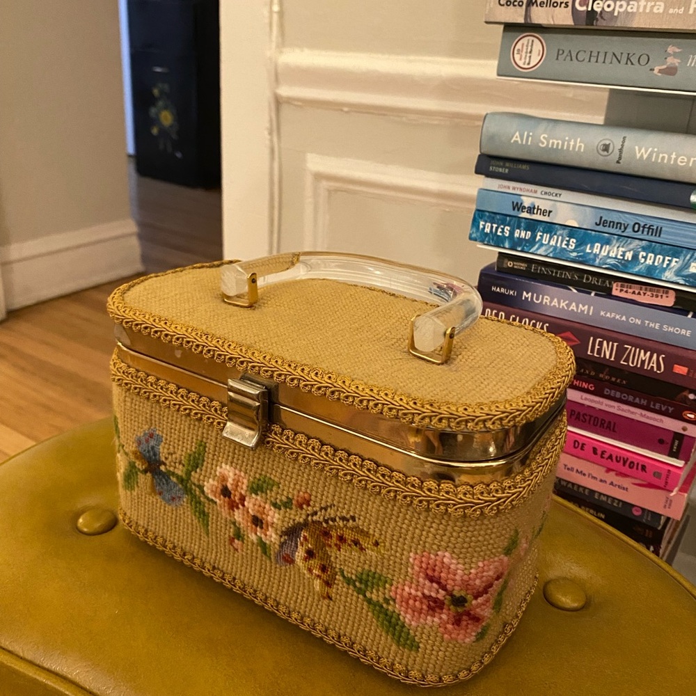 midcentury needlepoint embroidery box handbag